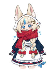 1girl :3 absurdres ahoge animal_ear_fluff animal_ears apron black_gloves blonde_hair blue_dress blue_eyes blue_hair blunt_bangs blush bow braid cat_ears cat_girl commentary cowboy_shot cropped_legs dress fins fish_girl fish_hair_ornament fish_tail frilled_dress frills gevuxx gloves hair_bow hair_ornament hair_over_shoulder heart highres indie_virtual_youtuber long_sleeves looking_at_viewer low_twin_braids multicolored_hair official_alternate_costume red_bow red_scarf sameko_saba sameko_saba_(winter_dress) scarf sidelocks simple_background solo standing streaked_hair tail twin_braids untranslatable_commentary white_apron white_background 