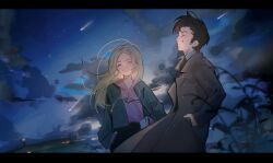  1boy 1girl absurdres blonde_hair brown_hair closed_eyes clouds coat denim denim_jacket doctor_who floating_hair grin hand_in_pocket highres hood hoodie huolalaojiugong jacket letterboxed long_hair long_sleeves necktie night open_clothes open_jacket outdoors parted_bangs pink_hoodie plant red_necktie rose_tyler shooting_star short_hair sky smile star_(sky) tenth_doctor_(doctor_who) the_doctor_(doctor_who) 
