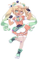 1girl :d absurdres antenna_hair apron aqua_bag aqua_eyes aqua_hair aqua_nails aqua_necktie aqua_ribbon bag bandaid bandaid_on_knee bandaid_on_leg black_gloves black_leotard blonde_hair breast_pocket carhop colinarmis commentary commission covered_navel cropped_shirt detached_collar double_bun earrings english_commentary fang fingerless_gloves frilled_skirt frills full_body glasses gloves gradient_hair hair_between_eyes hair_bun hair_ribbon headset heterochromia highres indie_virtual_youtuber jewelry koumourin_rurika leotard long_hair looking_at_viewer multicolored_hair nail_polish necktie open_mouth orange_shirt orange_skirt pocket puffy_short_sleeves puffy_sleeves purple_eyes ribbon rimless_eyewear roller_skates see-through_clothes see-through_thighhighs shirt short_sleeves simple_background skates skin_fang skirt smile solo standing standing_on_one_leg striped_clothes striped_shirt striped_skirt thighhighs transparent_background twintails vertical-striped_clothes vertical-striped_shirt vertical-striped_skirt very_long_hair visor_cap waist_apron white_apron winged_eyewear