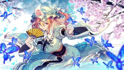  1girl arm_up black_ribbon black_sash blue_hat blue_kimono bow bug butterfly butterfly_on_hand cherry_blossoms commentary folding_fan frilled_shirt_collar frilled_sleeves frills hair_bow hand_fan hat holding holding_fan japanese_clothes kimono long_hair long_sleeves mob_cap neck_ribbon obi obijime pink_eyes pink_hair ribbon ribbon-trimmed_collar ribbon_trim saigyouji_yuyuko sash solo touhou triangular_headpiece wide_sleeves zounose 