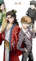  4boys afterimage all_wishes_come_true! backpack bag black_hair black_jacket black_pants blonde_hair blue_trim brown_eyes brown_hair chinese_clothes closed_mouth coat collared_shirt crossover emoji fanning_self flame_print formal_clothes fox gakuran goupai_dashi green_hanfu green_hat grey_jacket grey_pants hair_bun hair_ornament half_updo han_xiangzi_(all_wishes_come_true!) hand_fan hand_in_pocket hand_up hanfu hat highres holding holding_fan holding_strap index_finger_raised jacket jewelry kageyama_shigeo leaf leaf_belt leaf_fan leaf_hair_ornament long_hair long_sleeves looking_at_viewer male_focus mob_psycho_100 multiple_boys necklace necktie open_clothes open_coat open_mouth orange_sash palm_leaf_fan pants parted_lips pectoral_cleavage pectorals pink_necktie pointing red_coat reigen_arataka robe sash school_uniform shirt short_hair shoulder_bag simple_background single_hair_bun smile sparkle sparkling_eyes standing star_(symbol) suit trait_connection white_background white_hanfu white_shirt zhongli_quan_(all_wishes_come_true!) 