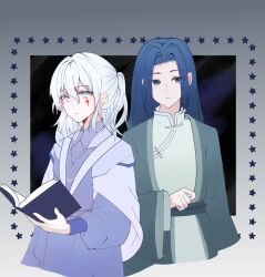  2boys alternate_costume androgynous belt black_belt blue_capelet blue_eyes blue_hair blue_hanfu book bright_pupils capelet chinese_clothes chinese_commentary clenched_hand closed_mouth commentary_request cropped_legs crossover dot_nose expressionless eyes_visible_through_hair facial_mark forehead four-pointed_star gradient_background green_robe grey_background hair_between_eyes hanfu high_collar highres holding holding_book lanshang91621 layered_sleeves leonid_(shining_nikki) light_frown long_hair long_sleeves looking_at_viewer male_focus mandarin_collar marking_on_cheek multiple_boys nikki_(series) open_book ponytail puffy_long_sleeves puffy_sleeves robe shining_nikki short_ponytail star_(symbol) star_facial_mark straight_hair the_legend_of_luo_xiaohei two-tone_background wavy_hair white_background white_hair white_hanfu white_pupils wuxian_(the_legend_of_luo_xiaohei) 