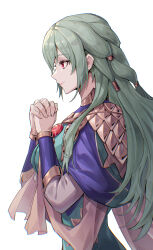  1girl absurdres armor breasts cape closed_mouth commentary dress fire_emblem fire_emblem:_fortune's_weave gem green_dress green_hair highres interlocked_fingers jewelry kumo33 long_hair long_sleeves orchel_(fire_emblem) own_hands_clasped own_hands_together red_eyes red_gem simple_background smile solo white_background white_cape 