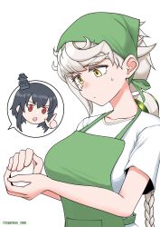  2girls alternate_costume apron bandana braid commentary_request cypress_(hinokidou) food green_apron green_bandana grey_hair headgear highres index_finger_raised kantai_collection long_hair multiple_girls onigiri shirt simple_background single_braid solo_focus spoken_character t-shirt twitter_username unryuu_(kancolle) white_background white_shirt yamashiro_(kancolle) yellow_eyes 