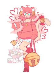  ! 1girl ahoge animal_ear_fluff animal_ears bag bandaid bandaid_on_leg bare_shoulders bell bell_earrings blush_stickers cat_ears cat_girl cat_tail commentary deltarune dot_nose earrings english_commentary foot_up_heel_up green_eyes hair_ornament heart heart_locket highres holding holding_bag holding_wand jewelry jingle_bell kharxsho leg_up leg_warmers looking_at_viewer mad_mew_mew miniskirt motion_lines off-shoulder_sweater off_shoulder open_mouth pink_hair pink_sweater reference_inset skirt solo sparkle speech_bubble spoken_exclamation_mark standing standing_on_one_leg strap sweater tail utdr_(toby_fox) wand white_background x_hair_ornament 