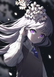  1girl aoba_nene ayatsuno_yuni black_background blue_necktie collared_shirt commentary cross-shaped_pupils dress_shirt falling_petals flower highres long_hair long_sleeves necktie petals shirt solo stellive sweater_vest symbol-shaped_pupils untranslatable_commentary upper_body violet_eyes virtual_youtuber white_flower white_hair white_shirt 