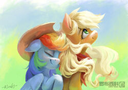  absurdres animal animal_ears animal_focus applejack blonde_hair chinese_commentary closed_eyes closed_mouth commentary_request cowboy_hat flvski green_eyes hat highres horse horse_ears light_blush long_hair multicolored_hair my_little_pony my_little_pony:_friendship_is_magic pony_(animal) rainbow_dash rainbow_hair smile wings 