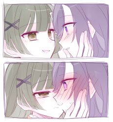  2girls bang_dream! bang_dream!_yumemita blush bob_cut commentary_request eye_contact face-to-face fuji_miyako fuji_miyako_(real) green_hair hair_ornament hand_on_another's_cheek hand_on_another's_face highres imminent_kiss kiss long_hair looking_at_another multiple_girls ningen_aku purple_hair viola_(bang_dream!) violet_eyes x_hair_ornament yuri 