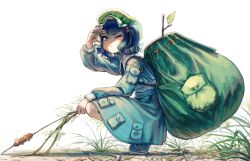  1girl backpack bag bamboo23091 blue_eyes blue_hair blue_shirt blue_skirt branch commentary_request from_side full_body green_bag green_hat hair_bobbles hair_ornament hat highres holding jewelry kawashiro_nitori key key_necklace long_sleeves looking_at_viewer necklace one_eye_closed outdoors shirt simple_background skirt solo squatting touhou two_side_up white_background 