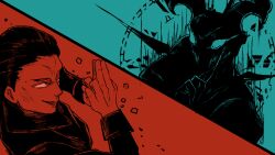  2boys absurdres debris empty_eyes from_above grin hair_slicked_back highres horns limited_palette male_focus monumenta multiple_boys orasomn_(monumenta) own_hands_together paper_box smile vaessini_(monumenta) 