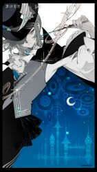  1girl absurdres ascot black_border black_hat blue_background border chinese_commentary commentary_request conductor conductor_baton copyright_name grey_hair grey_vest hair_bun hat highres holding_baton logo official_alternate_costume official_art reverse:1999 shirt short_hair single_side_bun solo treble_clef upper_body vertin_(reverse:1999) vest white_ascot white_shirt 