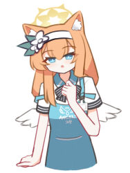  1girl alternate_costume angel's_24_uniform_(blue_archive) animal_ear_fluff animal_ears apricotlemontea apron black_bow black_bowtie blue_apron blue_archive blue_eyes blush bow bowtie bright_pupils cat_ears cat_girl commentary contrast_collar cropped_torso double-parted_bangs flower hair_between_eyes hair_flower hair_ornament hairband halo highres long_hair mari_(blue_archive) name_tag open_mouth orange_hair print_apron shirt short_sleeves sidelocks simple_background solo upper_body white_background white_flower white_hairband white_pupils white_shirt white_wings wings yellow_halo 