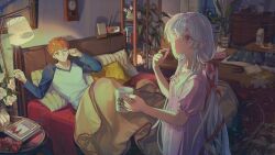  1boy 1girl bed bed_sheet bedroom blanket book clock commentary cup curtains drawer drink_carton emiya_shirou fate/stay_night fate_(series) flower flower_pot futon glasses highres holding holding_cup indoors lamp long_hair milk_carton oc_x_canon on_bed orange_hair original pajamas pastels pillow plant potted_plant raglan_sleeves red_eyes rose rug suzumiya_toru_(gaoyue_jixiang) tablet_pc tissue_box toruu under_covers untranslatable_commentary very_long_hair white_flower white_hair white_rose window yumejoshi 