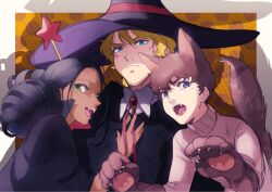  1girl 2boys :d amuro_ray animal_ears bindi black_hair blonde_hair blue_eyes brown_hair char_aznable claw_pose commentary_request dark-skinned_female dark_skin desi double_bun dress fangs green_eyes gundam hair_bun halloween_costume high_collar highres lalah_sune long_sleeves looking_at_viewer medium_hair mobile_suit_gundam multiple_boys oh_syz open_mouth short_hair smile stiff_tail sweater tail teeth tongue turtleneck upper_body vampire vampire_costume white_sweater wolf_boy wolf_ears wolf_tail 