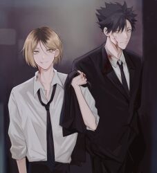  2boys black_jacket black_suit blonde_hair blood blood_on_clothes blood_on_face commentary_request dress_shirt haikyuu!! highres holding holding_unworn_clothes holding_unworn_jacket jacket kozume_kenma kuroo_tetsurou loose_necktie male_focus multicolored_hair multiple_boys necktie roots_(hair) sanjiaoo shirt shirt_tucked_in suit suit_jacket suit_pants unworn_jacket white_shirt yellow_eyes 