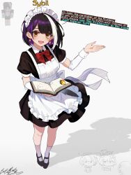  1girl :d absurdres apron black_dress black_hair bob_cut book bow bowtie character_name cuffs dress english_text full_body grin hand_up highres holding holding_book maid maid_apron maid_headdress minecraft monumenta multicolored_hair orange_eyes paper_box pigeon-toed purple_hair purple_streaks reference_inset screenshot_inset shadow single_hair_streak slippers smile socks solo source_quote standing streaked_hair sybil_(monumenta) white_socks white_streaks 