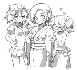 1boy 2girls alternate_costume anpolly belt belt_buckle belt_pouch breasts buckle closed_eyes commentary_request cowboy_shot crossdressing crossdressing_(mtf) fortress_(sekaiju) fortress_2_(sekaiju) greyscale hand_on_own_hip headscarf heart japanese_clothes kimono long_hair medic_(sekaiju_4) medic_3_(sekaiju_4) medium_breasts monochrome multiple_girls obi open_mouth ponytail pouch puffy_short_sleeves puffy_sleeves sash sekaiju_no_meikyuu sekaiju_no_meikyuu_4 short_hair short_sleeves simple_background skirt small_sweatdrop smile standing swordsman_(sekaiju_4) swordsman_4_(sekaiju_4) twintails white_background wide_sleeves 