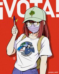  1girl artist_logo baseball_cap blue_pants breasts brown_hair commentary_request denim donna_(jose_salot) glasses green_hat hat holding holding_pen jeans jose_salot logo mask medium_breasts mouth_mask original pants pen purple_mask shirt solo spanish_commentary spanish_text sparkle t-shirt twitter_username white_shirt yellow_eyes 