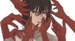  1boy 6+others bishounen black_hair colored_skin hand_in_another&#039;s_hair hand_on_another&#039;s_shoulder hands_on_another&#039;s_face highres kagoya1219 long_bangs looking_at_viewer male_focus multiple_others original out_of_frame parted_lips portrait red_skin shirt short_hair simple_background solo white_background white_shirt 