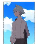  1boy border closed_mouth clouds commentary_request day grey_eyes grey_hair highres jacket jacket_removed kotan_(cho_mateyo) looking_at_viewer looking_back male_focus necktie outdoors pants pokemon red_necktie shirt short_hair sky sleeves_rolled_up smile steven_stone white_border 