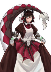  1girl absurdres apron black_hair breasts closed_mouth commentary_request dragon_girl dragon_horns dragon_tail dragon_wings duel_monster glasses green_eyes hair_between_eyes highres horns house_dragonmaid large_breasts long_hair long_sleeves looking_at_viewer low_wings maid maid_apron puffy_long_sleeves puffy_sleeves solo sweat tail user_nwpr7837 white_apron wings yu-gi-oh! 