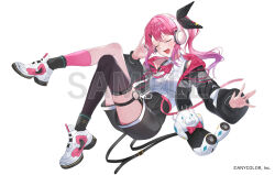  1girl :d alicecoco asymmetrical_legwear black_bow black_jacket black_shorts black_socks black_thighhighs bow breasts closed_eyes collared_shirt commentary company_name copyright_notice gradient_hair hair_bow hair_ornament hairclip hand_on_headphones headphones jacket jewelry knees_up kuramochi_meruto kuramochi_meruto_(1st_costume) long_hair long_sleeves mismatched_legwear multicolored_hair neck_ribbon nijisanji o-ring o-ring_thigh_strap official_art open_clothes open_hand open_jacket parallel_hairclips pink_hair pink_socks polka_dot polka_dot_bow ponytail purple_hair red_jacket red_ribbon rene_(kuramochi_meruto) ribbon ring sample_watermark shirt shoes shorts simple_background single_thighhigh smile sneakers socks solo stuffed_animal stuffed_toy teddy_bear thigh-highs thigh_strap virtual_youtuber watermark white_background white_shirt white_shoes 