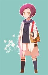  1boy alternate_costume anpolly aqua_background bag blue_sailor_collar blue_shirt blue_socks brown_shoes closed_mouth coat commentary_request flower long_sleeves male_focus medic_(sekaiju_4) medic_3_(sekaiju_4) outline parted_bangs purple_hair sailor_collar sekaiju_no_meikyuu sekaiju_no_meikyuu_4 shirt shoes short_hair shorts shoulder_bag socks solo standing white_coat white_outline white_shorts yellow_bag yellow_eyes 