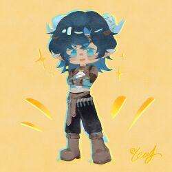  1boy angert_(infinity_nikki) ankle_boots applejack-rainbowdash aqua_eyes aqua_ribbon aqua_shirt aqua_skin armor belt black_hair black_pants blue_horns blue_scales blush_stickers boots braid brown_belt brown_boots brown_gloves brown_headband brown_shrug chinese_commentary colored_extremities colored_skin commentary_request copyright_notice cropped_shirt cross-laced_clothes cross-laced_top crossed_arms crossed_belts curled_horns dark-skinned_male dark_skin deformed dragon_boy dragon_horns drop_shadow fringe_trim full_body gloves hair_between_eyes hair_tubes happy headband highres horn_ornament horn_ribbon horns infinity_nikki long_hair long_sleeves looking_at_viewer male_focus midriff multicolored_skin nikki_(series) open_mouth pants parksolian_(infinity_nikki) partially_fingerless_gloves pauldrons pointy_ears ribbon shirt shoulder_armor shrug_(clothing) side_braid signature simple_background single_braid smile solo sparkle standing striped_ribbon two-tone_ribbon two-tone_shirt two-tone_skin white_shirt yellow_background yellow_ribbon 