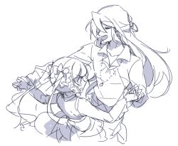  1boy 1girl alternate_costume anpolly blush collarbone commentary_request crop_top dancing from_above greyscale holding_hands jewelry long_hair long_sleeves monk_(sekaiju) monk_2_(sekaiju) monochrome necklace open_mouth sekaiju_no_meikyuu sekaiju_no_meikyuu_3 shirt simple_background small_sweatdrop sovereign_(sekaiju) sovereign_3_(sekaiju) teeth twintails upper_teeth_only 