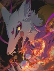  1boy absurdres black_background black_sclera body_fur claws colored_sclera d_zaka11 fire fox_boy furry furry_male hand_up highres kyuubi_(youkai_watch) licking_lips looking_at_viewer male_focus neck_fur open_mouth orb slit_pupils solo tongue tongue_out upper_body yellow_eyes youkai_(youkai_watch) youkai_watch 