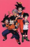 1990s_(style) 1girl 4boys black_eyes black_hair blue_eyes boots brothers carrying clenched_hand crossed_arms dougi dragon_ball dragon_ball_z father_and_son grin halo legs_apart looking_at_viewer multiple_boys non-web_source open_mouth piggyback pink_background princess_carry purple_hair retro_artstyle saiyan shirt siblings simple_background smile son_gohan son_goku son_goten spiky_hair standing tank_top teeth trunks_(dragon_ball) upper_teeth_only v videl white_shirt wristband 