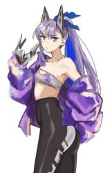 1girl ass bandeau bare_midriff bare_shoulders black_pants blue_bow blue_eyes blue_hair_ornament cat_ears claws fate/extra_ccc fate/grand_order fate_(series) hair_ornament half_body jacket jacket_off_shoulders jonyeld leggings long_hair mechanical_ears mechanical_hands meltlilith meltryllis midriff pants ponytail purple_hair purple_jacket skin_tight small_breasts solo tube_top type-moon white_background
