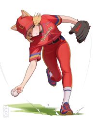  1girl absurdres animal_ears artist_name ball baseball_(object) baseball_(sport) baseball_cap baseball_mitt baseball_uniform belt black_belt blonde_hair character_name closed_mouth clothes_writing cross-laced_shoes dynamic_pose full_body hair_between_eyes hat highres leaning_to_the_side leg_up original pants pants_tucked_in pitching quilm red_hat red_pants red_shirt shirt shoes sneakers socks solo sportswear white_background white_socks yellow_eyes 