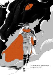  1boy absurdres alt_text armor commentary dragon english_commentary english_text fire_emblem fire_emblem:_radiant_dawn headband highres ike_(fire_emblem) male_focus partially_colored pauldrons short_hair shoulder_armor single_pauldron slit_pupils sword sword_on_back taxkha weapon weapon_on_back 