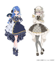  2girls alternate_costume ankle_boots black_bow blue_dress blue_hair blush boots bow braid brooch capelet card closed_mouth commentary_request copyright_notice crossed_legs curly_hair deerstalker dress earrings footwear_bow frilled_cuffs frilled_dress frills full_body gold_trim grey_hair grey_pantyhose hair_bow hair_bun hair_ornament hat hat_bow highres holding holding_card howa_kurea jewelry layered_dress long_hair long_sleeves looking_at_viewer meitantei_precure! moria_luluka multiple_girls official_alternate_costume official_alternate_hairstyle official_art open_mouth pantyhose plaid_clothes plaid_dress pocket_watch pointing pointing_up precure puffy_sleeves ribbon shoes side_braid simple_background smile socks standing violet_eyes watch white_background white_dress white_socks yellow_eyes 