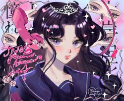  1girl antique_phone artist_name black_hair bling commentary_request copyright_name cosmetics diamond_wa_kudakenai eyelashes floral_print flower heart highres ichigoberry_152 jojo_no_kimyou_na_bouken lipstick_tube long_hair looking_at_viewer parted_lips phone pink_ribbon ribbon rotary_phone sailor_collar school_swimsuit solo sparkle swimsuit tiara twitter_username upper_body violet_eyes watermark white_tiara yamagishi_yukako 
