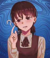  1girl ? arm_up black_eyes black_hair black_ribbon black_vest blue_background blush chainsaw_man collared_shirt dms_art0 dress facing_viewer fourth_east_high_school_uniform highres index_finger_raised lips long_sleeves looking_to_the_side mitaka_asa neck_ribbon open_mouth pinafore_dress ribbon school_uniform shirt sleeveless sleeveless_dress spiral_background sweatdrop swept_bangs teeth twintails vest white_shirt 