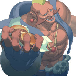  1boy absurdres birdie_(street_fighter) blonde_hair burger commentary_request earrings food highres holding holding_burger holding_food jewelry mohawk muscular muscular_male necklace solo street_fighter tears teeth zinguuzisaburou 