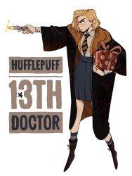  1girl absurdres black_robe blonde_hair boots brown_boots character_name chinese_commentary collared_shirt commentary_request diagonal-striped_clothes diagonal-striped_necktie doctor_who earclip earrings full_body gift grey_skirt harry_potter_(series) highres holding holding_gift holding_wand hood hood_down hooded_robe hufflepuff jewelry juanmao long_sleeves magic necktie profile robe school_uniform shirt short_hair skirt solo star_(symbol) star_earrings striped_clothes striped_necktie suspender_skirt suspenders the_doctor_(doctor_who) thirteenth_doctor_(doctor_who) wand white_background white_shirt wizarding_world yellow_necktie 