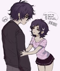  1boy 1girl aged_down andrew_graves anger_vein ashley_graves black_hair black_skirt black_sweater brother_and_sister chibi chibi_inset choker cowboy_shot doki_090909 english_text film_grain grabbing_another's_arm green_eyes grey_pants hair_ornament highres looking_at_another miniskirt pants pink_eyes pink_shirt polka_dot polka_dot_shirt rabbit_hair_ornament shirt short_hair siblings single_horizontal_stripe skirt speech_bubble sweater tears the_coffin_of_andy_and_leyley thigh_gap white_background 