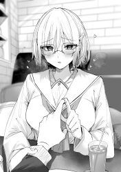  1girl 1other bespectacled blush braid breasts breath commentary_request glasses greyscale hamano_yura heart highres indoors kakao_(chocolate_land) kiwamete_kenzen_na_bishoujo_level_up looking_at_viewer loving_aura monochrome novel_illustration official_art parted_lips school_uniform second-party_source serafuku shirt short_hair sitting solo_focus 