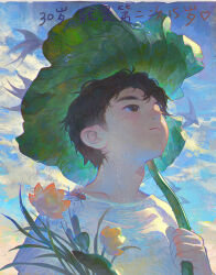  1boy bird brown_eyes brown_hair bug child chinese_text clouds cloudy_sky commentary day dragonfly english_commentary flower from_below hand_up highres holding holding_leaf holding_umbrella leaf leaf_umbrella looking_up male_focus original outdoors plant qiangu2021 shirt short_hair sky solo sweat translation_request umbrella upper_body yellow_flower 