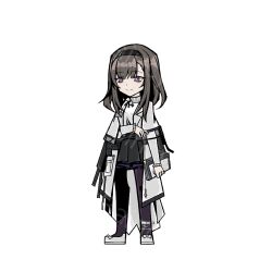  1girl arknights ba_yun_qi black_hairband black_pantyhose black_skirt brown_hair chinese_commentary closed_mouth coat commentary_request full_body hairband hand_on_own_arm lab_coat limbus_company medium_hair pantyhose parody priestess_(arknights) project_moon shoes skirt smile solo style_parody sweater violet_eyes white_coat white_shoes white_sweater 