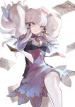  1girl absurdres arms_up closed_mouth commentary_request dress fire_emblem fire_emblem:_three_houses floating_hair hair_ornament highres long_hair looking_away lysithea_von_ordelia pantyhose paper pink_eyes purple_dress repu_(rep_sha) simple_background smile solo veil white_background white_hair white_pantyhose white_sleeves 