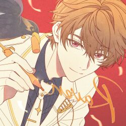  1boy black_shirt brown_hair collared_shirt commentary hair_between_eyes highres holding holding_pen jacket jiukuzi18797 luke_pearce_(tears_of_themis) male_focus necktie pen red_eyes shirt solo tears_of_themis white_jacket white_necktie 