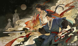  2boys absurdres age_comparison aged_down all_wishes_come_true! arm_wrap black_background black_hair black_pants black_sash blue_hanfu blue_trim bottle brown_hair chinese_clothes chinese_commentary closed_mouth clouds coat commentary_request fighting_stance finger_to_mouth floating_clothes floating_hair full_moon hair_bun hair_ornament hair_ribbon half_updo hand_up hanfu high_ponytail highres holding holding_bottle holding_sheath holding_sword holding_weapon implied_yaoi jewelry jian_(weapon) kuji-in layered_sleeves leaf_hair_ornament long_hair long_sleeves looking_to_the_side lu_dongbin_(all_wishes_come_true!) lu_dongbin_(young)_(all_wishes_come_true!) male_focus moon multiple_boys multiple_views necklace night open_clothes open_coat pants pectoral_cleavage pectorals ponytail profile qiuming red_coat red_ribbon red_sash ribbon robe sash sheath shushing single_hair_bun sitting sky smoke standing sword sword_tassel tassel updo watermark weapon weapon_tassel weibo_watermark white_hanfu wide_sleeves zhongli_quan_(all_wishes_come_true!) zhongli_quan_(young)_(all_wishes_come_true!) 