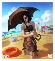  1boy 1other 2girls absurdres artist_logo artist_name ball bandeau beach beach_umbrella beachball bikini black_hair black_lips black_skirt black_umbrella blue_sky border character_request check_character colored_skin company_logo copyright_logo copyright_name copyright_notice cropped_legs dardo_studios death_(marvel) fins fish_tail grey_bandeau highres holding holding_umbrella horizon innertube jeff_the_land_shark logo marvel marvel_snap multiple_girls ocean official_art outdoors pencil_skirt sand shadow shark_fin shark_tail shore skirt sky solo_focus swim_ring swimsuit tail umbrella white_border white_skin 