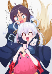  2girls ^_^ absurdres ahoge animal_ears blue_hair blue_kimono blush cho_kaguya-hime! closed_eyes colored_inner_hair commentary_request fang forehead fox_ears fox_girl fox_tail fushi_(cho_kaguya-hime!) green_eyes hair_rings highres japanese_clothes kimono long_hair marsh753315 multicolored_hair multiple_girls pink_hair purple_hair runami_yachiyo runami_yachiyo_(chibi) runami_yachiyo_(tsukuyomi) sakayori_iroha sakayori_iroha_(tsukuyomi) short_hair simple_background tail white_background white_hair 