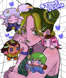 2boys 3girls animal_print ball baseball_(object) baseball_mitt blue_eyes blue_overalls blue_shirt blush braid braided_base breasts bug bun_with_braided_base butterfly butterfly_print chachaumeume chibi clouds cone_hair_bun copyright_name double_bun ermes_costello eyelashes foo_fighters_(jojo) fur_hat green_eyes green_hair green_lips green_shirt hair_bun hand_on_own_face hat heart highres horned_hat jojo_no_kimyou_na_bouken kujo_jolyne long_hair looking_at_viewer multicolored_hair multiple_boys multiple_girls narciso_anasui overalls parted_lips pink_eyes pink_hair rain rainbow shirt short_hair sleeveless sparkle stone_ocean two-tone_hair upper_body weather_report white_hat 