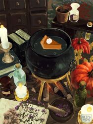  animated animated_gif artist_name autumn boiling book bottle brussels_sprout cabinet cake cake_slice cauldron cinnamon_roll corked_bottle eyeball file_cabinet fire fish flower food glowing glowing_eyes halloween log mortar_(bowl) no_humans object_focus on_table open_book original pestle plant potted_plant pumpkin purple_flower socks sparrows table tart_(food) test_tube 